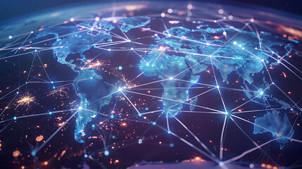 Fototapeta premium Global business network with world map and connecting flight paths