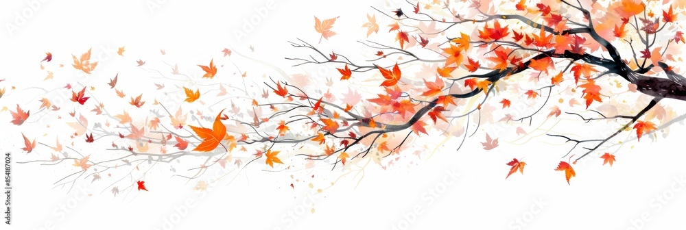 Poster autumnal delight: maple tree branch with falling leaves generative ai