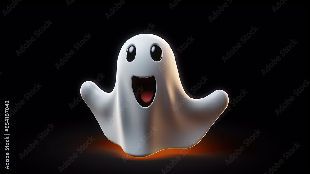 Poster cute and friendly ghost. 3d rendering of a happy ghost with a glowing smile and big eyes. the ghost 
