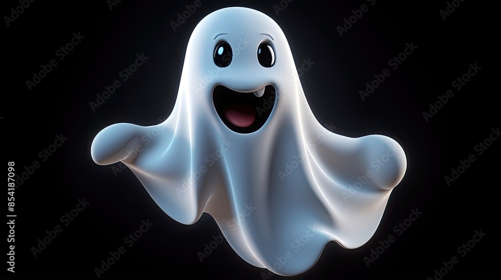 Poster 3d rendering of a cute and friendly ghost. the ghost is white and has a happy expression on its face
