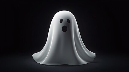 A cute and friendly ghost is sitting on a dark background. The ghost has a surprised expression on its face and is looking at the viewer.