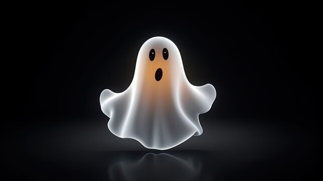 A cute and friendly ghost with a surprised expression on its face. The ghost is hovering in a dark void with a reflective surface below.