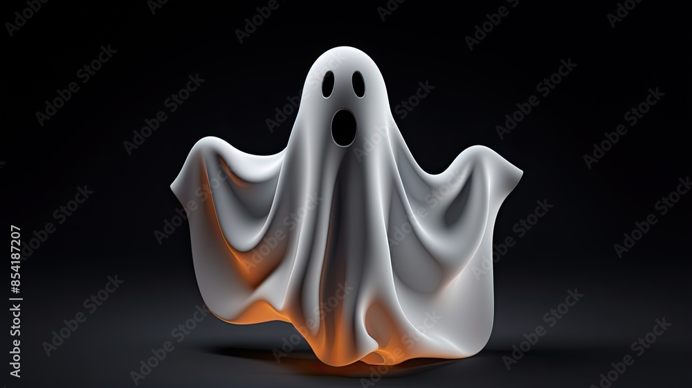 Poster 3d rendering of a ghost with a white sheet and a spooky face. the ghost is hovering in the air again