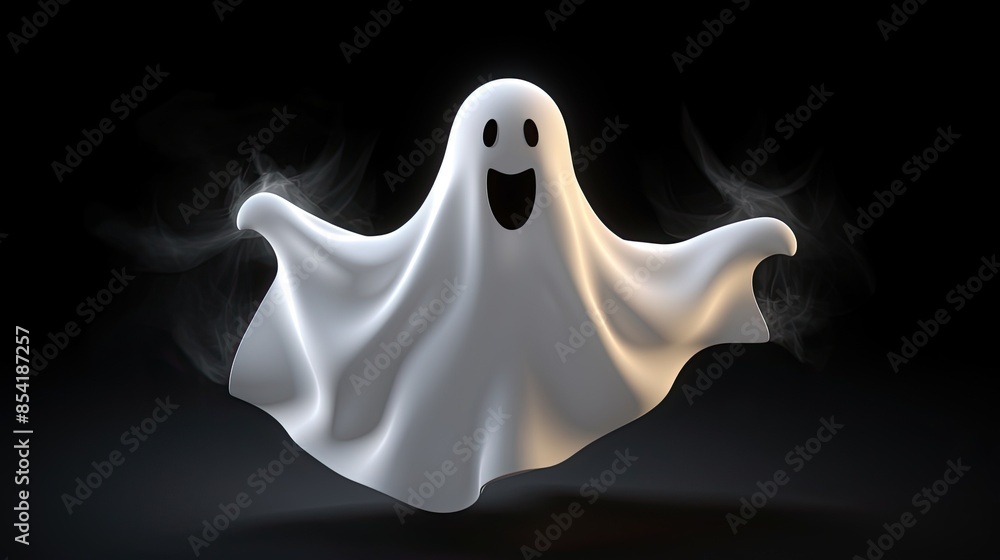 Poster a cute and friendly ghost is floating in the air. it has a big smile on its face and is surrounded b