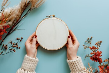 Embroidery Hoop Mockup with Woman's Hands on Blue Background