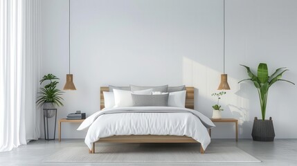 minimalist coastal bedroom interior with stylish home decor and comfortable bed modern design background