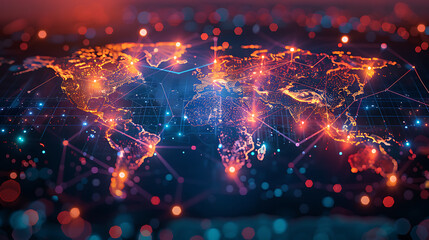 Obraz premium Global business network with world map and connecting flight paths
