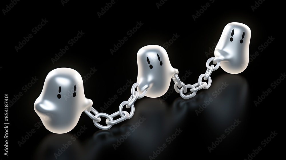 Poster 3d rendering of cute ghosts on a reflective surface. the ghosts are chained together and have surpri