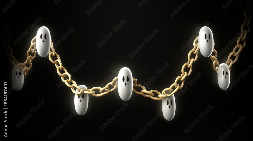 Poster a 3d rendering of a gold chain with white ghost-like creatures hanging from it. the ghosts have scar