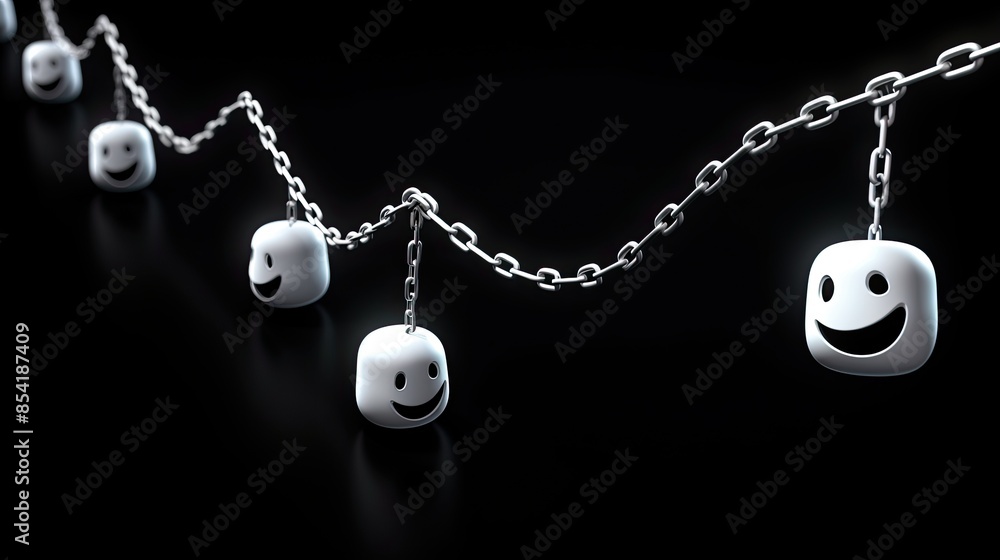 Poster 3d rendering of a chain of happy white cubes on a dark background. the cubes have different sizes an