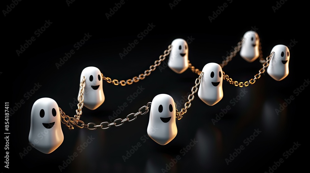 Poster 3d rendering of a group of cute ghosts holding hands in a chain on a dark background.