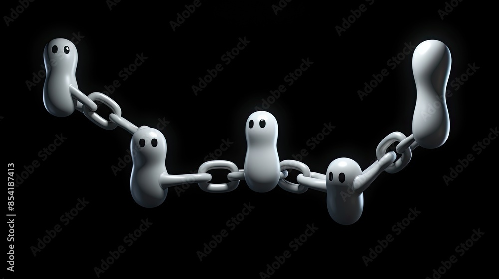 Poster four cute and friendly ghosts are linked together by a chain. they are floating in a dark space.