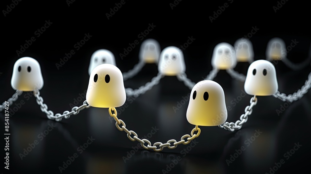 Poster 3d rendering of a group of cute ghosts holding hands in a chain on a reflective surface. the ghosts 