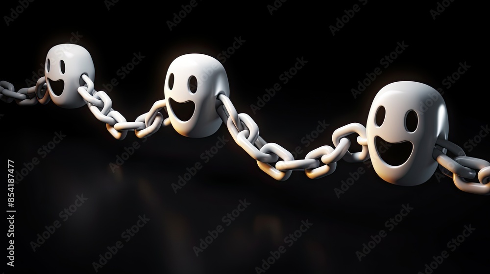 Poster 3d rendering of a chain of happy ghosts on a dark background. the ghosts are white and have a simple