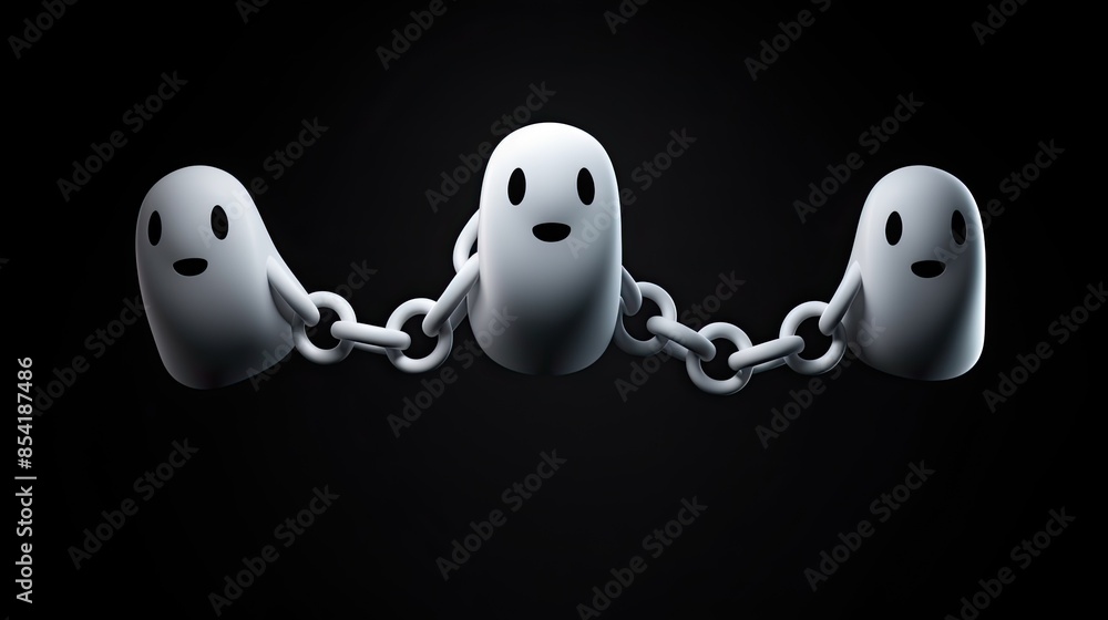 Poster 3d rendering of three cute ghosts holding hands with a chain between them on a black background. the