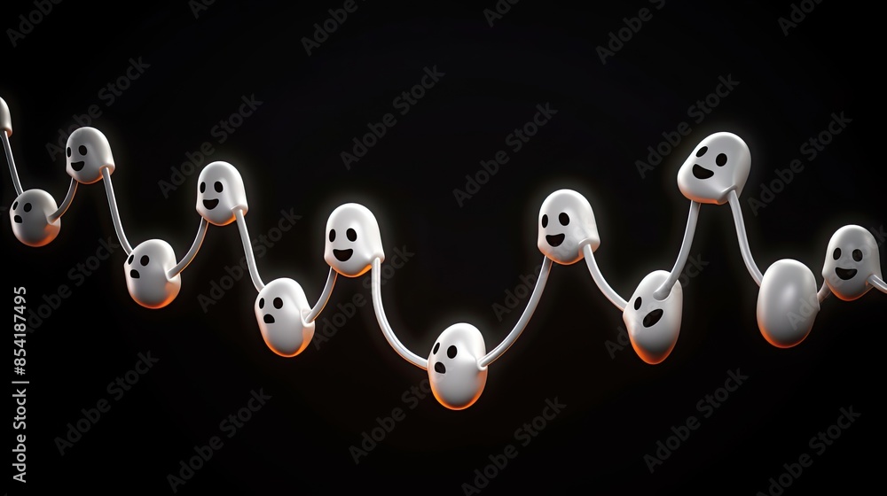 Poster 3d rendering of a group of cute ghosts holding hands and floating in the air against a black backgro