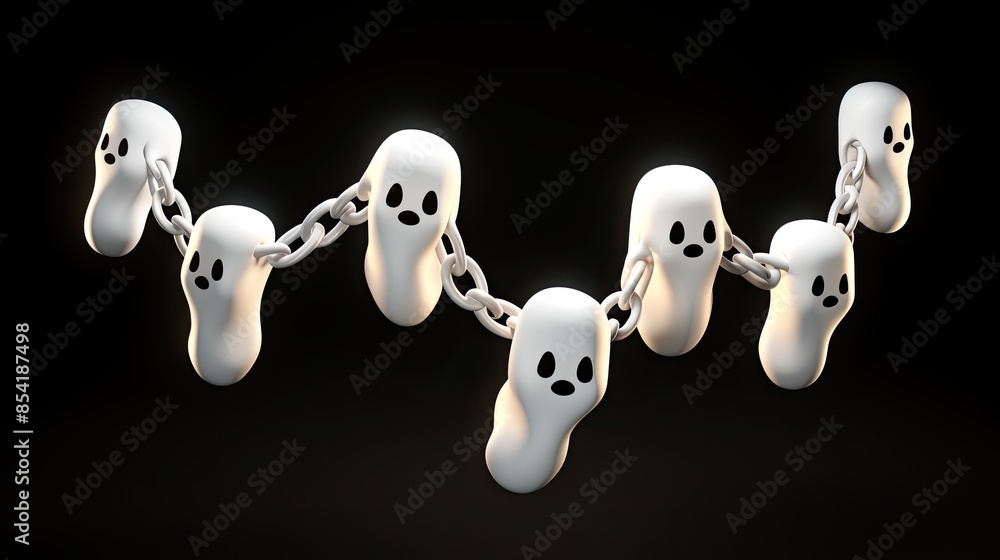 Poster 3d rendering of a group of cute cartoon ghosts linked together by a chain on a black background.