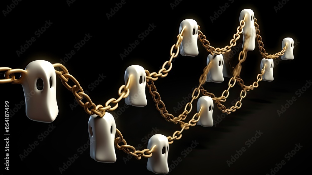 Poster 3d rendering of a golden chain with ghost-shaped links. the ghosts have their eyes closed and are ar