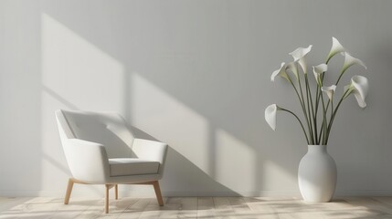 minimalist living room interior with armchair and vase of white calla lilies 3d rendering
