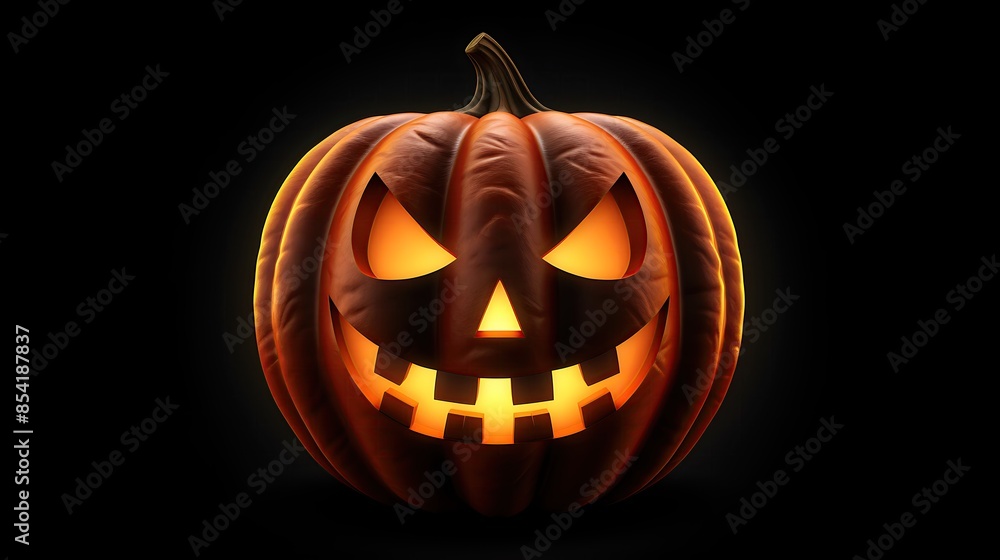 Poster this is a 3d rendering of a jack-o-lantern. it has a carved face with a smile and two teeth. it's li