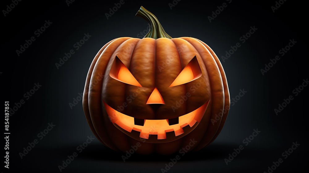Poster this is a 3d rendering of a jack-o-lantern. it has a carved face with a smile and two teeth. it's li