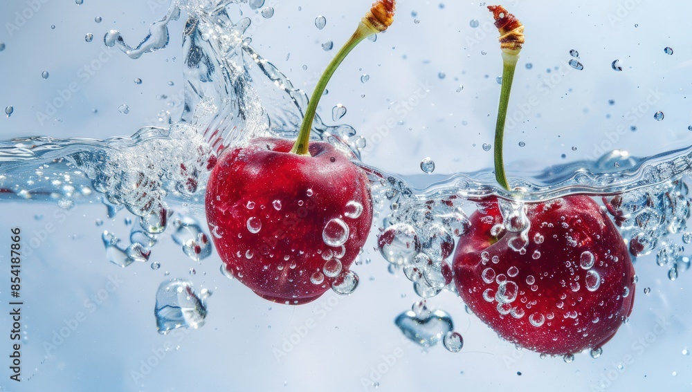 Poster cherries are floating in a stream of water. generate ai image