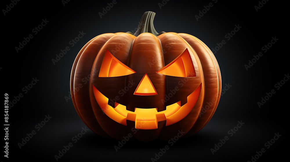 Poster this is a 3d rendering of a jack-o-lantern. it has a carved face with a smile and two teeth. it's li
