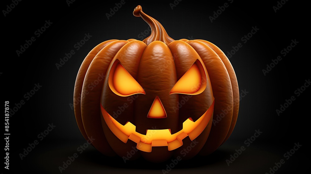 Poster this is a 3d rendering of a jack-o'-lantern. it has a carved face with a smile and two teeth. it's l