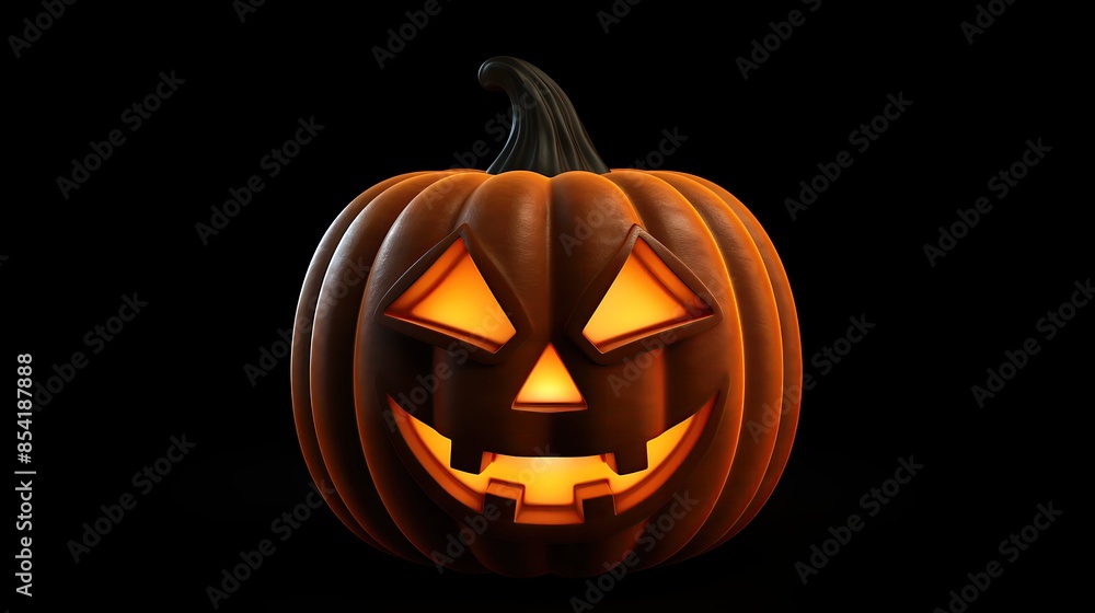 Poster this is a 3d rendering of a jack-o'-lantern. it has a carved face with a smile and two teeth.
