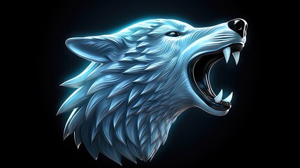 A blue and white illustration of a wolf's head. The wolf is howling with its mouth wide open and its teeth bared.