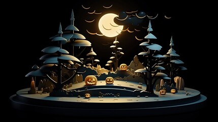 A 3D illustration of a spooky forest at night. The full moon is shining through the dark clouds and casting eerie shadows on the trees.