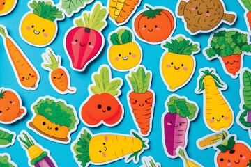 Naklejka premium Adorable Fruit and Vegetable Character Stickers