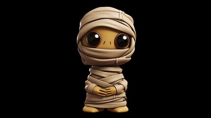 3D illustration of a cute and funny mummy. The mummy is wrapped in bandages and has big, googly eyes.