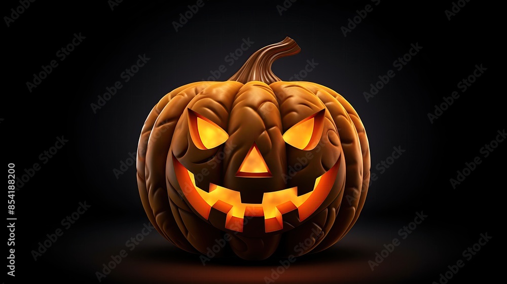 Poster this is a 3d rendering of a jack-o-lantern. it has a carved face with a smile and two teeth.