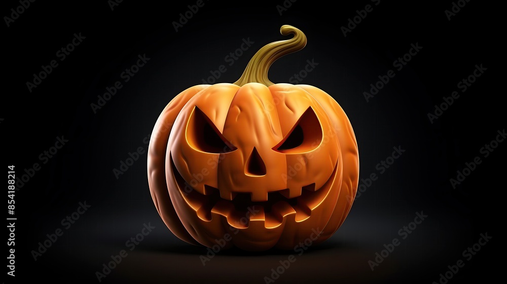 Poster this is a 3d rendering of a jack-o-lantern. it has a carved face with a smile and two teeth. it is l