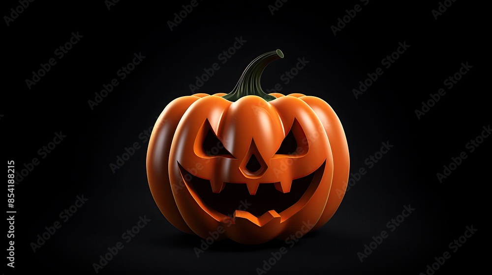 Poster this is a 3d rendering of a jack-o-lantern. it has a carved face with a smile and is lit from the in