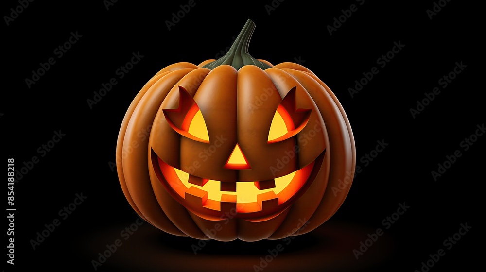 Poster this is a 3d rendering of a jack-o-lantern. it has a carved face with a smile and two teeth. it's li