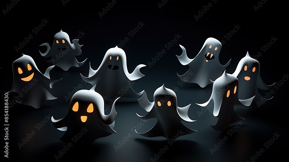 Poster 3d rendering of a group of cute ghosts with different facial expressions on a dark background. the g