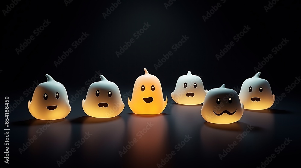 Poster 3d rendering of a group of cute cartoon ghosts with different emotions on a dark background.