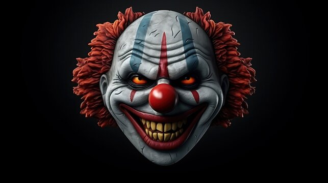 This is a 3D rendering of a clown face. The clown has red hair, a white face, and a red nose. It is smiling and has its eyes wide open.