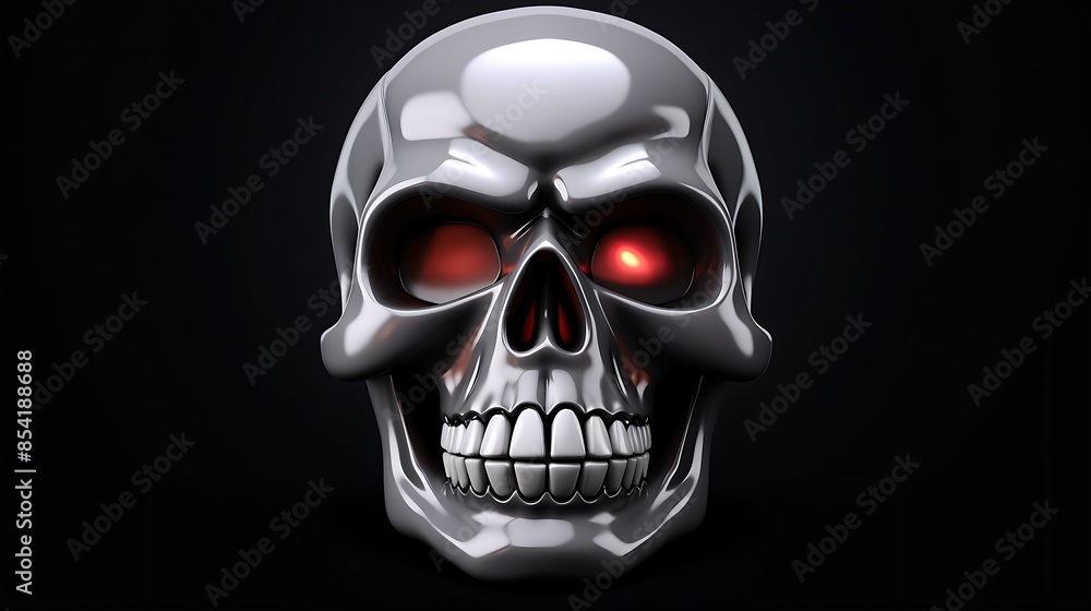 Poster 3d rendering of a metal skull with glowing red eyes. the skull is facing the viewer and has a menaci
