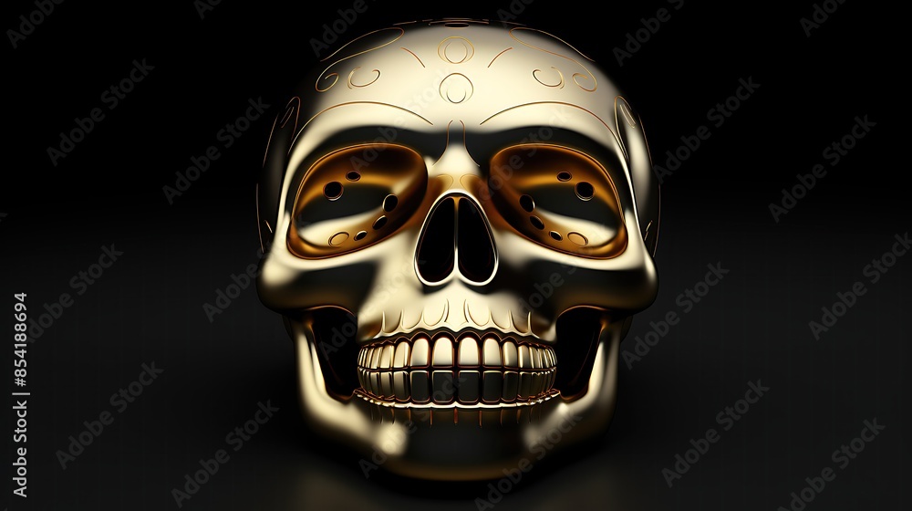 Poster this is a 3d rendering of a gold skull with a black background. the skull is facing the viewer and h