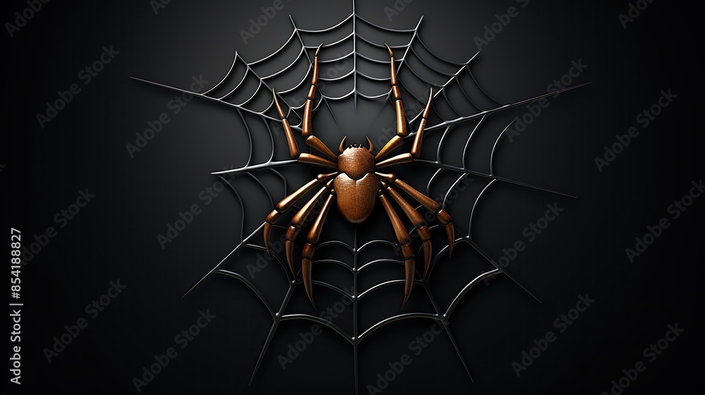 Poster a 3d rendering of a spider on a web. the spider is dark brown and the web is black.