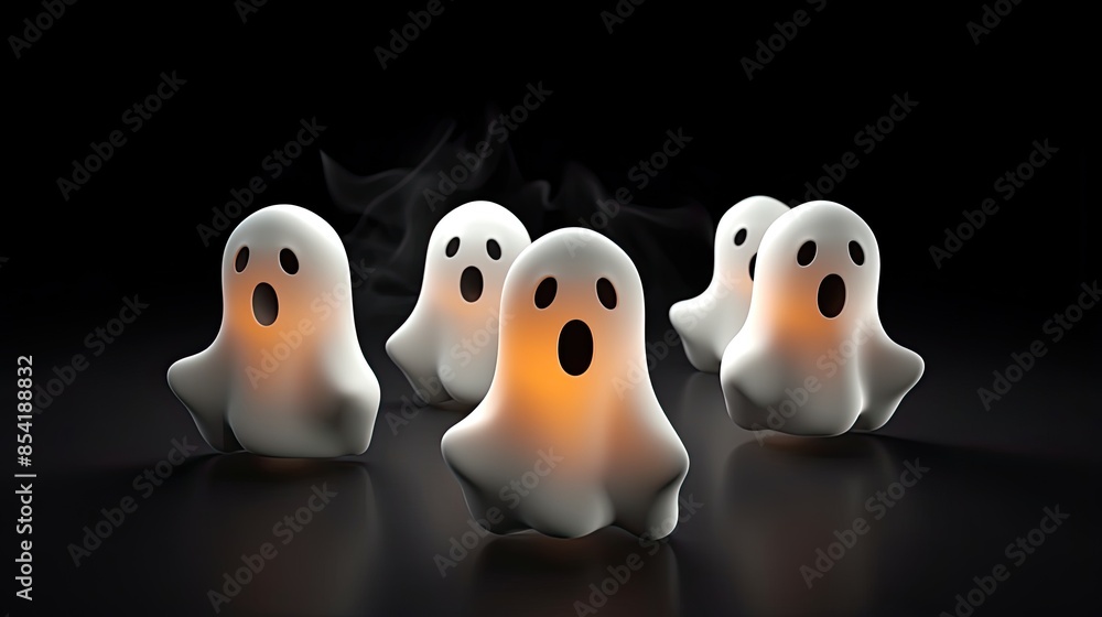 Poster 3d rendering of a group of cute ghosts with glowing eyes and mouths. the ghosts are floating in a da