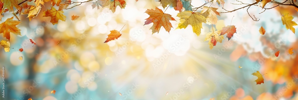 Aufkleber autumn leaves falling from tree branch framing blank space generative ai