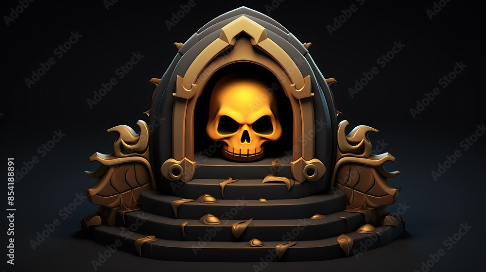 Poster 3d rendering of a skull on a pedestal. the skull is made of gold and has a menacing expression on it