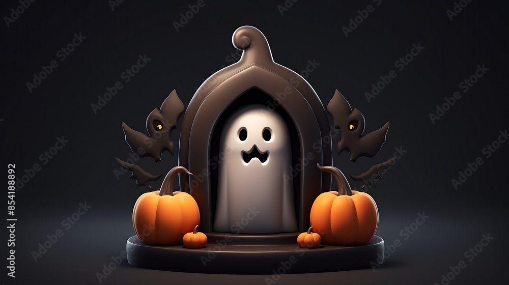 Poster 3d rendering of a cute ghost with a friendly expression on its face.