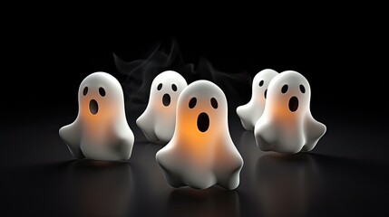 3D rendering of a group of cute ghosts with glowing eyes and mouths. The ghosts are floating in a dark void.