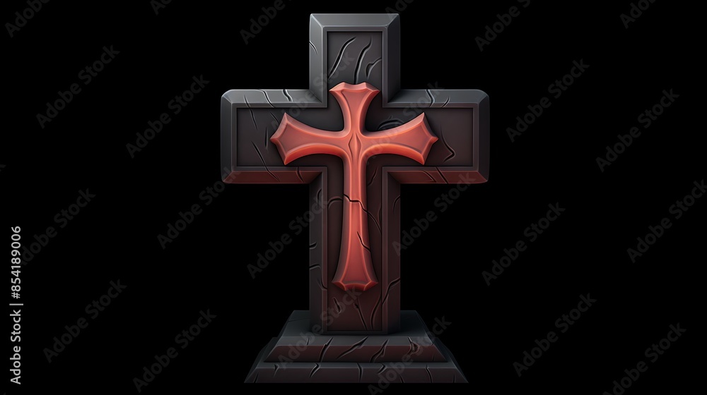 Poster a 3d rendering of a black stone cross with a red center. the cross is on a black background and is l