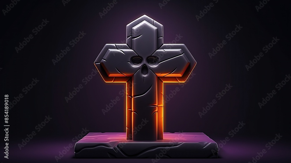 Poster a 3d rendering of a gravestone. the gravestone is made of gray stone and has a skull and crossbones 